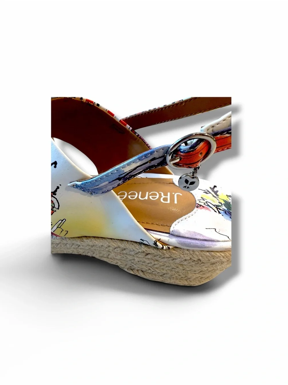 J.Renee White Espadrille Sandals with Multicolor Beach Print